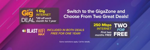 Switch to the GigaZone and choose from two great deals! The Gig Deal: 1 Gig Internet, $20 off each month for a year. 250 Mbps Internet: First two months for free. Both deals include Blast Wifi Max for FREE for one year!